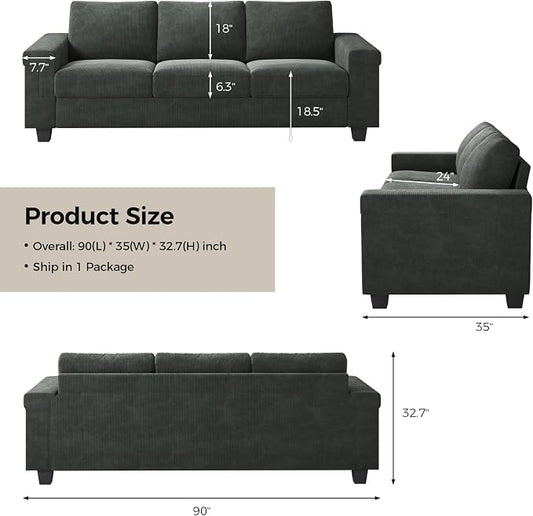COPIAE 3 Seater Sofa Couch with Deep Seat, 90" Modern Upholstered Sofa with Armrests, Easy Installation, Comfy Couches for Living Room, Apartment,Dark Gray