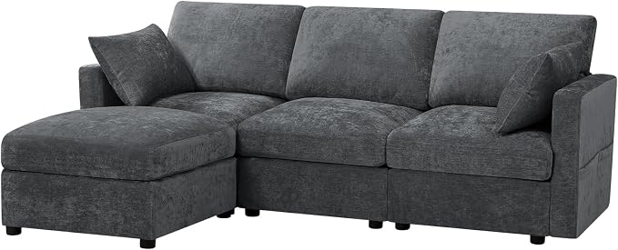 84” Chenille 3-Seats Sofa W/Movable Ottoman, Grey | Modern Fabric L-Shaped Couch w/Soft Backrests, Upholstered Sectional Sofa w/Arm Pillows for Living Room