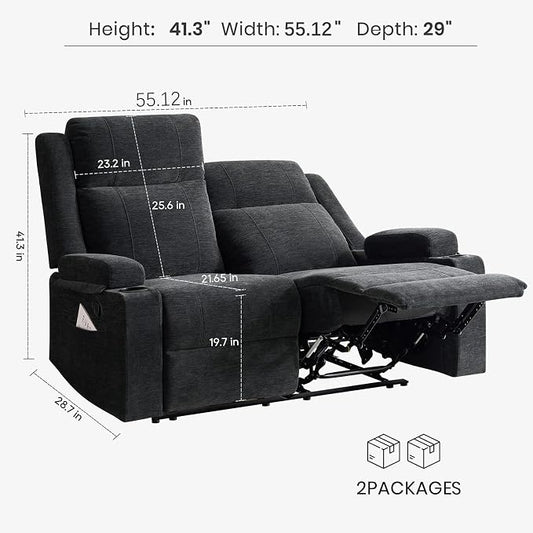 55" RV Loveseat Recliner – Space-Saving Double Reclining RV Sofa, Compact Theater Seating with Cup Holders & Storage Pocket, Black Chenille Couch for Camper, Motorhome & Home Theater