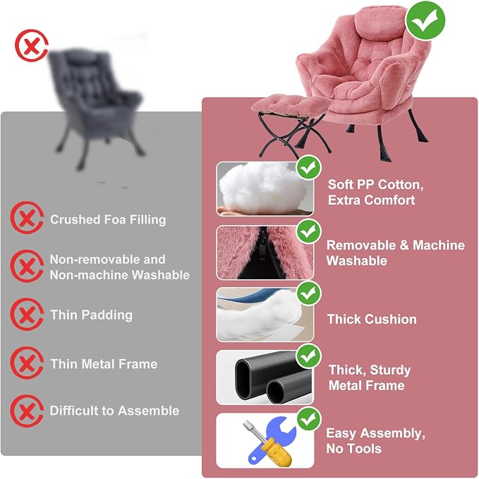 Furlide Lazy Chair with Ottoman, Modern Accent Chair with Armrests and a Side Pocket, Plush Dark Pink Accent Chairs, Reading Chairs, Oversized Armchairs for Bedroom, Study, Living Room, Courtyard