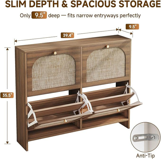 Nicetree Freestanding Ultra Slim Arched Rattan Accent Shoe Storage Cabinet for Entryway - 4 Flip Drawers & 3-Tier Adjustable Shelves, Farmhouse Modern Rustic Shoe Rack for Hallway, Foyer Oak