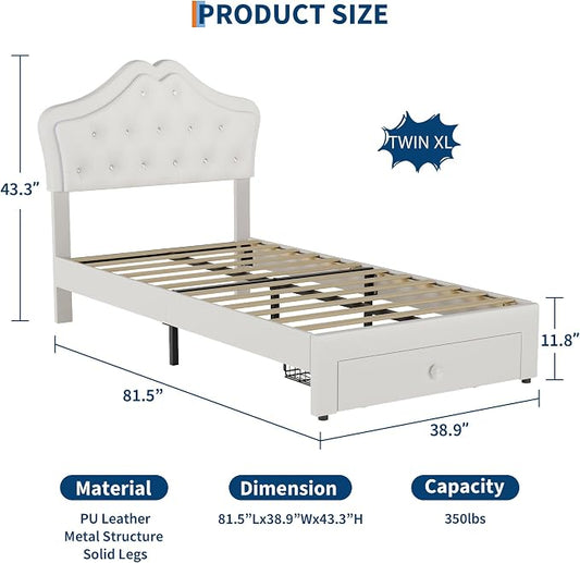 Garvee Twin XL Size Bed Frame with LED Lights & Velvet Crystal Button Headboard, Upholstered Boy/Girl Platform Bed with Storage Drawer, Noise Free, No Box Spring Needed for Kids, Teens, Beige