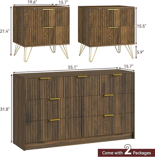 7 Drawer Dresser and Nightstand Sets for Bedroom, 3 Pcs Bedroom Set,Night Stand Set of 2 & 7 Drawer Dresser with Gold Handles, Wood Chest of Drawers Mid Century Storage Cabinet Set, Natural