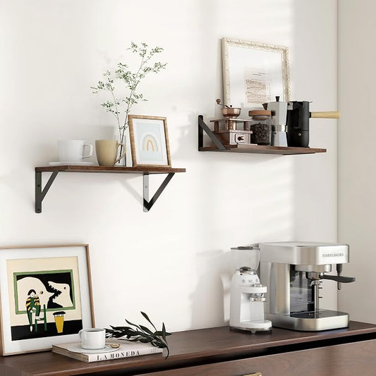 Axeman Floating Shelves for Wall, 8 Inch Deep Brown Wall Shelves Set of 2, 16''W x 8''D Rustic Brown Wood Shelves for Bookshelf Living Room Bedroom Home Office Bathroom