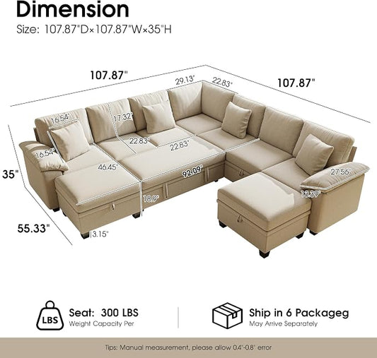 107.8" Oversized Modular Sectional Sofa with Pull Out Bed, 9 Seat U Shaped Sectional Sleeper Sofa with 291L Storage, Convertible Cloud Couch Bed, Sectional Couches for Living Room, Apartment (Sand)