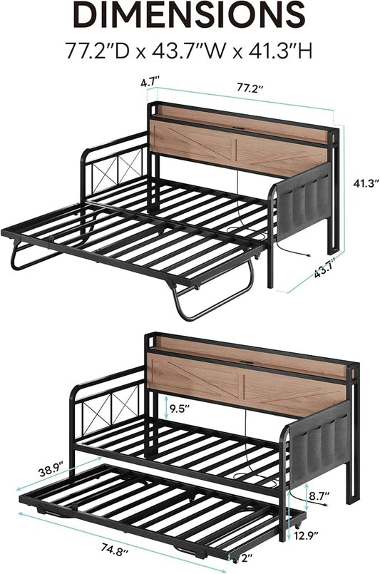 LIKIMIO Twin Daybed, Day Beds with Pop Up Trundle, Storage Headboard with Charging Station, Strong Supports for Apartment and Other Small Space, Wood Color