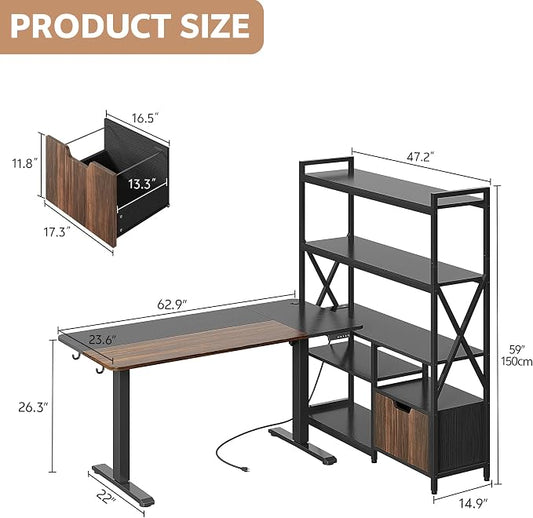 77.8 Inches L Shaped Standing Desk Corner Desk with Hutch Electric Height Adjustable Desk with Storage Shelves File Drawer Power Outlets Reversible Computer Gaming Desk for Home Office Black