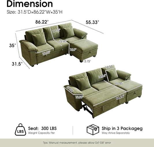 86" Modular Sectional Sleeper Sofa Bed, L Shaped 4 Seat Pull Out Couch with Storage Ottoman, Convertible Cloud Couch Bed, Sectional Couches for Living Room, Apartment (Green)