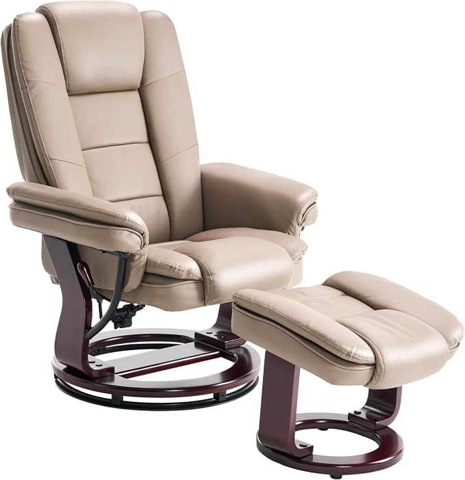 Swivel Recliner Chair with Ottoman Reclining Lounge Sofa Footrest, Set of 1 | 360°Sturdy Wood Base, Soft PU Leather, Upholstered Ultra-Plush Foam, Modern Armchair, Living Room Bedroom Office Reading Home