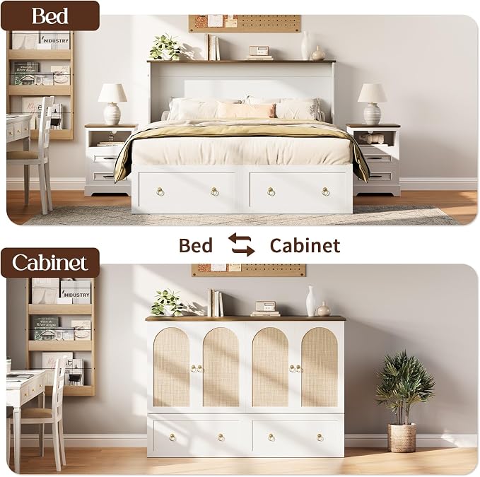 Yoobure Queen Murphy Bed with Charging Station - Rattan Queen Bed Frame with Storage Drawers, Wood Cabinet Beds for Guest Bedroom, Living Room, Office, Farmhouse Hideaway Beds with Foldable Platform