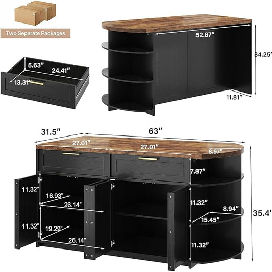 HSH 63 Inch Large Kitchen Island with Storage and Seating, Rustic Brown | Stationary Island Table with Storage Drawers, Cabinets, Oval Open Shelves, Wood Counter Prep Island for Kitchen Dining Room