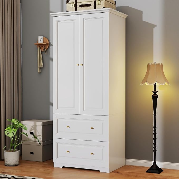 Armoire Wardrobe Closet with Drawers: 74" White Wardrobe with 2 Drawers, 2 Doors Bedroom Armoires with Hanging Rod, Tall Closet Cabinet for Hanging Clothes (31.5")