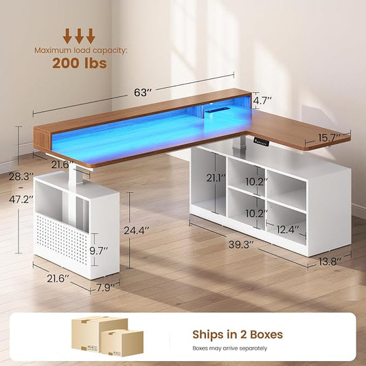 SEDETA L Shaped Electric Standing Desk, 63 inch Gaming Computer Desk with Storage Shelves and LED Lights, Height Adjustable Office Desk with Power Outlet and Pegboard, Brown Desktop