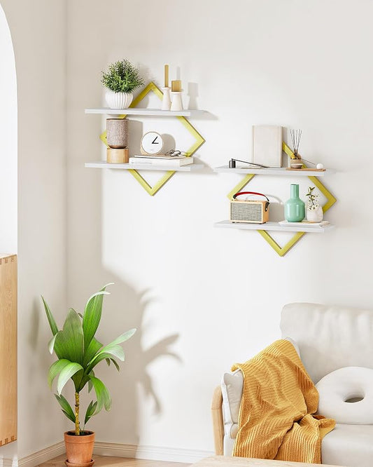 CHOEZON Floating Shelves for Wall, Set of 2 Wall Mounted Shelves, 2-Tier Hanging Shelves, for Living Room, Bedroom, Kitchen, Office, Study, Gold and White TBJ01P2JW