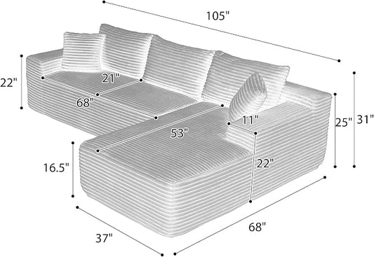 105-Inch L-Shaped Right Facing Corner Compressed Sofa Modular Sectional Boneless Cloud Sofa Floor Foam Couch with Chaise Lounge, Corduroy Corner Boneless Cloud Couch