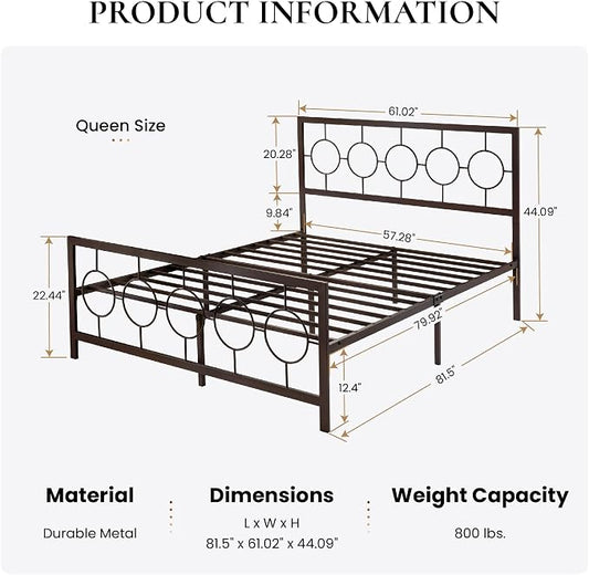 SHA CERLIN Queen Size Metal Bed Frame with Vintage Circular Design Headboard and Footboard,No Box Spring Required,Easy Assembly,Noise-Free,Brown