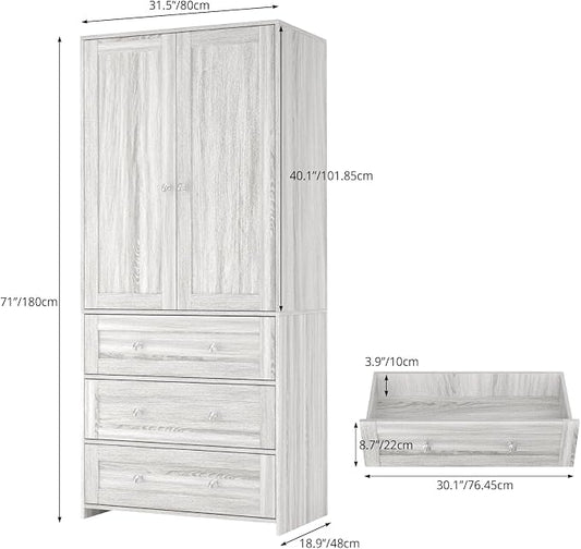 VOWNER Armoire Wardrobe Closet with Drawers and Mirror, 71" Clothing Storage Cabinet with Hanging Rod, 2 Doors Wooden Wardrobe Cabinet for Bedroom, Large Capacity Storage