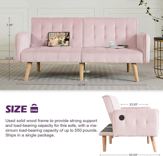 TYBOATLE 65" W Velvet Modern Convertible Folding Futon Couch Sofa Bed w/ 2 USB Charging Ports and arms, Loveseat for Compact Living Space, Dorm, Game Studio, Bonus Room, Apartment, Bedroom (Pink)