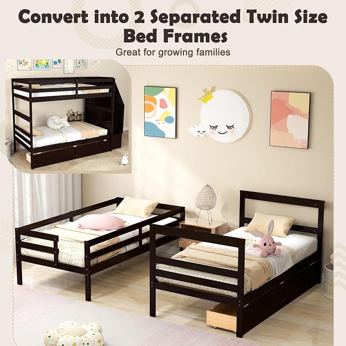 KOMFOTT Wood Twin Over Twin Bunk Bed with Storage Drawers & Stairs, Bunk Beds with Bookcase & Safety Guardrail, Solid Wood Slatted Bunk Bed for Kids Teens Adults, No Box Spring Needed (Espresso)