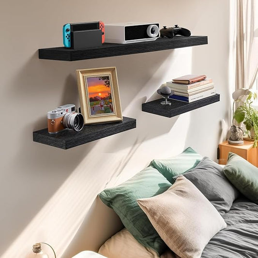 AMADA HOMEFURNISHING Floating Shelves Wall Mounted, 15 x 7 Inch Wall Shelves for Bathroom, Bedroom, Living Room, Black Shelves Set of 2