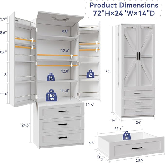 FJTJBSI 72" LED Kitchen Pantry Cabinet with 3 Drawers Farmhouse Tall Storage Cabinet Wood Food Pantry with Barn Doors and Adjustable Shelves Versatile Storage Freestanding Cupboard for Kitchen