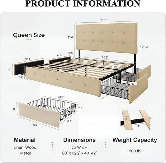 SHA CERLIN Upholstered Queen Size Platform Bed Frame with 4 Storage Drawers, Adjustable Headboard with Square Stitched Button Tufted Design, Wooden Slat Support, No Box Spring Needed, Beige