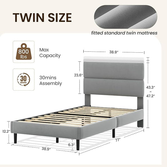 GRUSIGN Twin Size Platform Bed Frame with Velvet Headboard, Adjustable Height Wooden Slats Support, Upholstered Mattress Foundation, Fits Mattress or Mattress with Box Spring, Easy Assembly, Grey