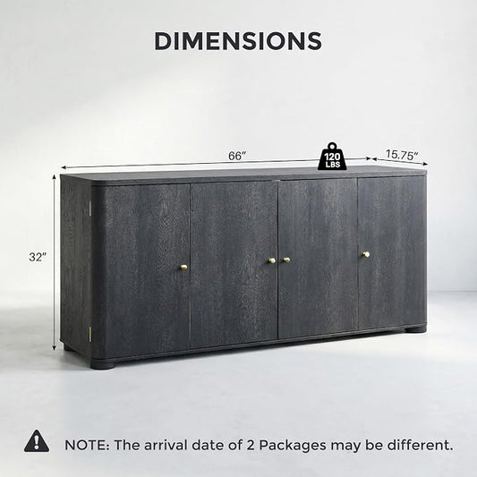 IFGET Curved Buffet Cabinet with Doors, 66" Large Sideboard Buffet Storage Cabinet with 4 Doors and Shleves, Modern Coffee Bar Station Wood Kitchen Table for Kitchen, Dining Room, Dark Grey