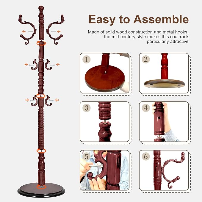 Wooden Coat Rack Freestanding with 18 Hooks, Adjustable Height Coat Tree Free Standing Heavy Duty for Entryway, Easy Assembly Solid Wood Sturdy Coat Hats Hanger Stand for Office Hallway Bedroom