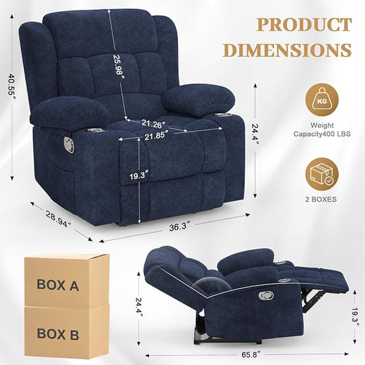 RV Recliner Chair, Oversized Reclining Loveseat Home Theater Seating with Cup Holders, Insert Pockets, Wall Hugger RV Recliners for Movie Room, Recline Movie Seats Gaming Sofa, Blue