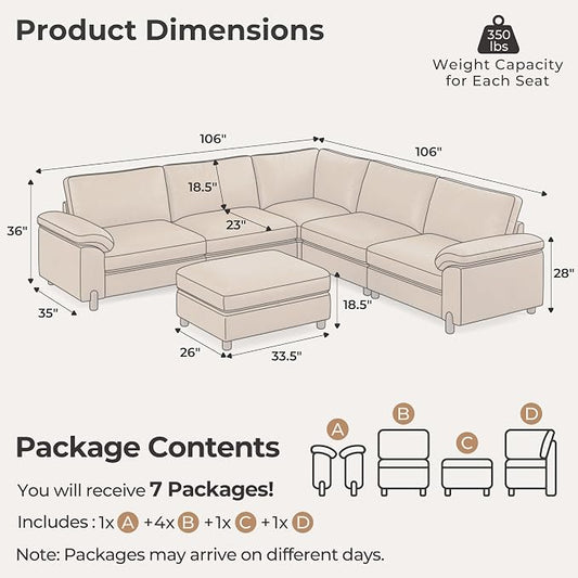 SITJOY Large Cloud Couch, 106" Wide 5 Seater V Shape, Faux Leather in Brown | Pet-Friendly Scratch-Resistant Leather Sectional Sofas for Living Room, Deep Seat Wide Couch with Chaise, Storage Ottoman