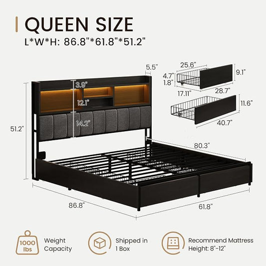 BRELTAM Queen Bed Frame with 6 Storage Drawers, Linen Upholstered Headboard, Built-in USB Charging Station & LED Lighting, Silent Metal Support, No Box Spring Needed, Vintage Black