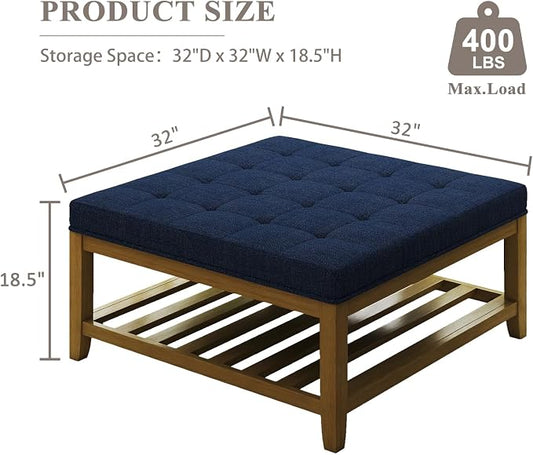 Befurtori Large Square Ottoman Coffee Table, Linen Solid Upholstered Footrest Ottoman with Solid Wood Shelf Storage Tufted Coffee Table for Bedroom Living Room, Navy Blue