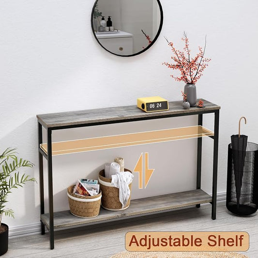 Timberer Narrow Console Table, 47 Inch Sofa Table with Adjustable Shelf, 2-Tier Long Skinny Table for Hallway, Entryway, Living Room, Foyer, Grey