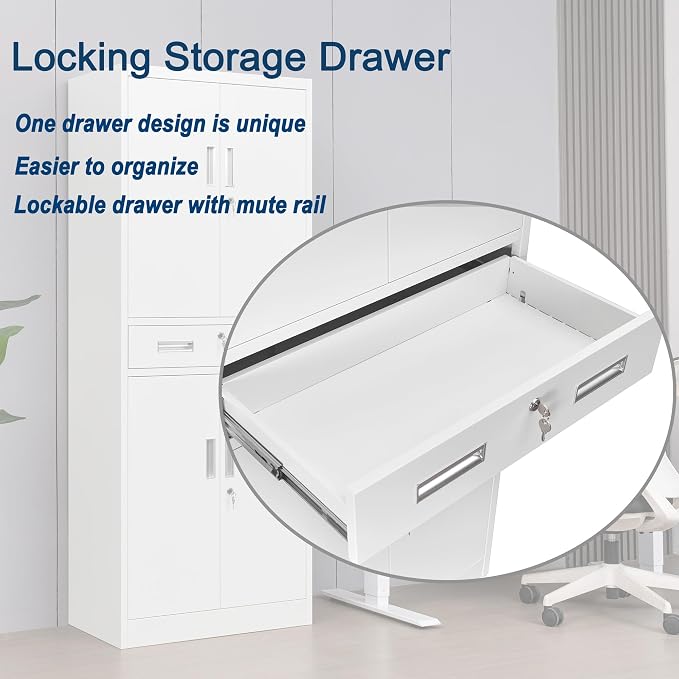 Wanfu Metal Storage Cabinet, 71" H x 28" W x 16" D Locking Storage Cabinet with 2 Adjustable Shelves and 1 Drawer for Office, Garage, Home, School, Utility(White)