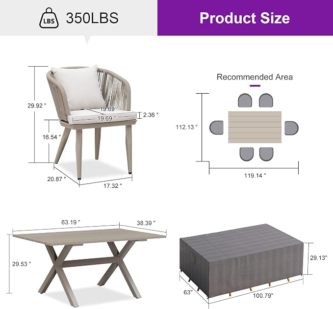 PURPLE LEAF 7 Pieces Patio Dining Set with Waterproof Furniture Cover Rectangular Table and Chairs Set for Garden Deck Aluminum Frame Backyard Kitchen Set, Cushions and Pillows Included Champagne