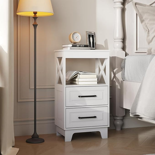 Tall Nightstand Set of 2 Side Table with 2 Drawers Modern Night Stand Wooden End Table Bedside Table with Upper Open Shelf Solid Feet for Bedroom, White