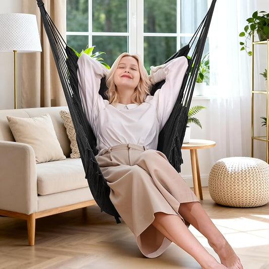 Y- STOP Hammock Chair Hanging Rope Swing, Max 500 Lbs, 2 Cushions Included, Large Macrame Hanging Chair with Pocket, Cotton Weave for Superior Comfort, Durability (Dark Grey)