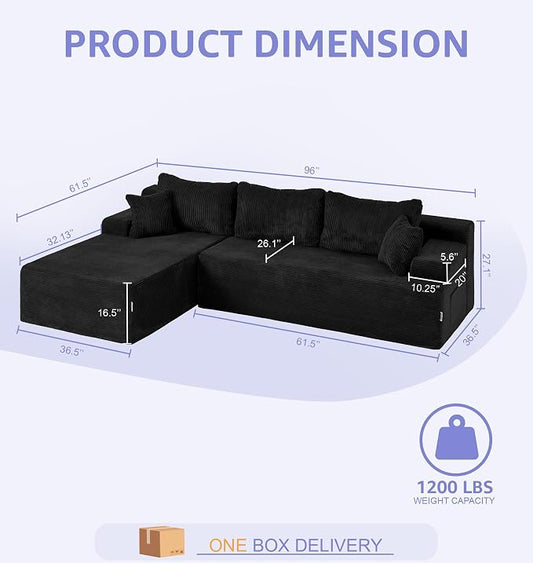 Hobestluk Modular Sectional Sofa Couches L-Shape Couch 3 Seat Modular Sofa Memory Foam Sectional Couches for Living Room, Cloud Couch with Oversized Chaise (Black Corduroy, 96", Left Hand Facing)