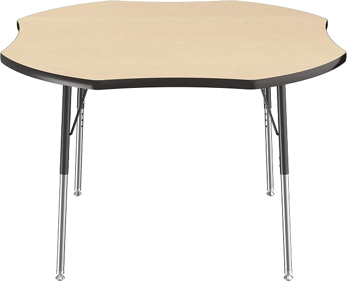 FDP Clover Activity School and Office Table (48 x 48 inch), Standard Legs with Swivel Glides for Collaborative Seating Environments, Adjustable Height 19-30 inches - Maple Top and Black Edge