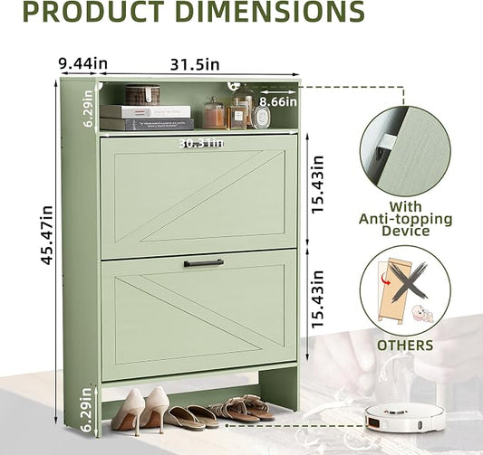 RWYHG Shoe Cabinet Storage for Entryway with 2 Flip Drawers Open Storage Layer Rack Narrow Organizer Slim Hidden Wood Shoe Cabinet Furniture Green