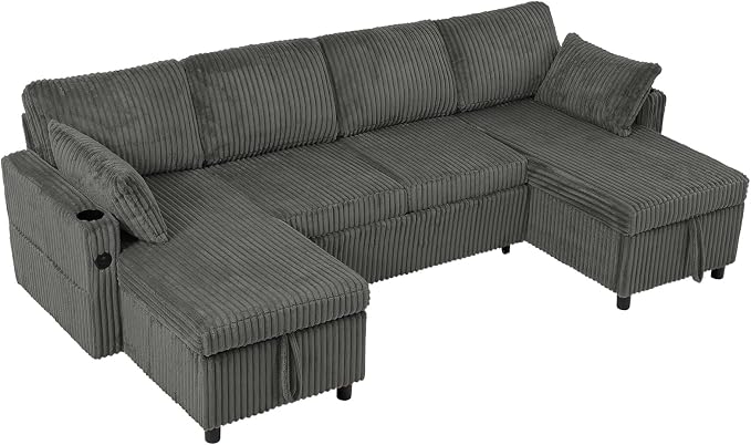 110" Corduroy U-Shape Sofa Bed with Adjustable Backrests, Upholstered Pull Out Sofa Bed with USB Ports, Convertible Sectional Sleeper Couch with Storage Chaise for Living Room, House, Grey