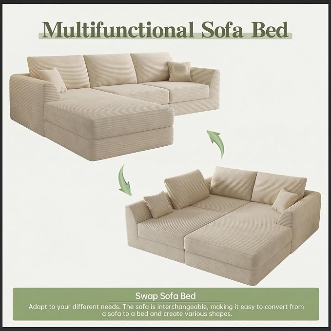 106" Modular Sectional Sofa with Deep Seat, L-Shaped Corduroy Couch with Reversible Chaise, 3-Piece Set for Living Room Bedroom Apartment, No Assembly Required | Modular Design