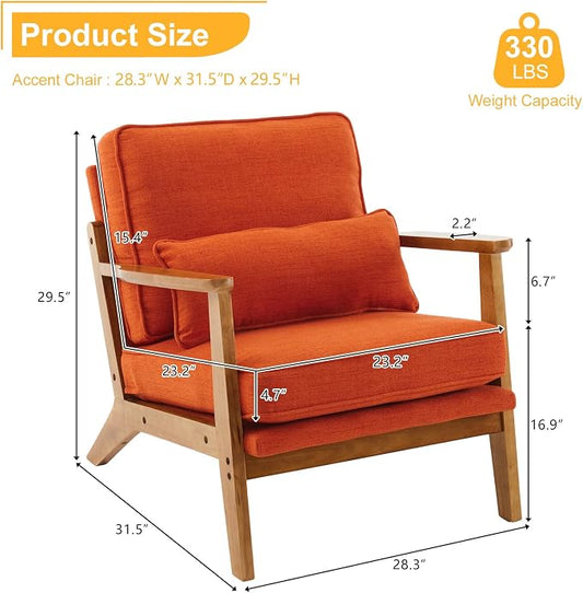 Karl home Mid-Century Lounge Accent Chair, Burnt Orange | Wide Curved Armrest, Linen Fabric, Lumbar Pillow Included, Solid Wood Frame, For Living Room, Bedroom, Balcony, Apartment