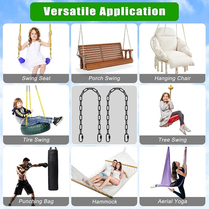 SELEWARE 2 Pack 40 Inch Hanging Swing Chain with 4 Carabiners, 1000LB Capacity Plastic Coated Hanging Chains, Hammock Hardware Kit for Swing, Hanging Chair, Punching Bags, Indoor Outdoor Gym (Black)