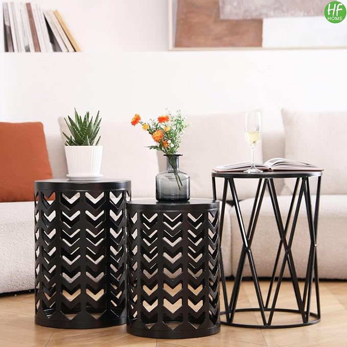 Nesting Round Metal Indoor Coffee End Tables, Set of 3 Modern Farmhouse Nightstands Decor Sofa Side Tables Plant Stand for Living Room Balcony Home Garden Stool Patio Outdoor- Black