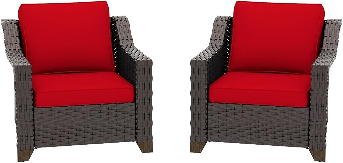 Patio 2 Pieces Wicker Chairs Set of 2,Outdoor PE Rattan Armchairs, Water-Resistant Cushions with Removable and Washable Covers, Porch, Balcony, Sunroom (Red)