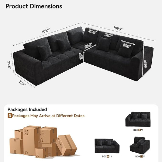 110''Modular Sectional Couches for Living Room, Cloud Boneless Compressed Sectional Sofa, Oversized L Shaped 5 Seater Upholstered Memory Foam Sofa, No Assembly, Chenille Black