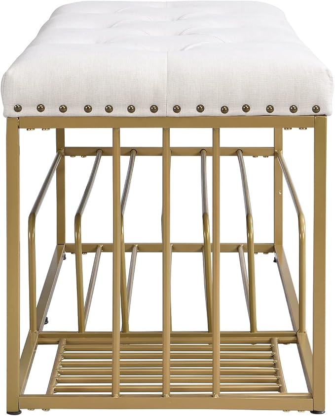 Linen Bench with Storage-Entryway Shoe Storage with Tufted Padded Seat,Gold Mental Frame Ottoman Bench for Bedroom Entry Window Mudroom Living Room,Beige