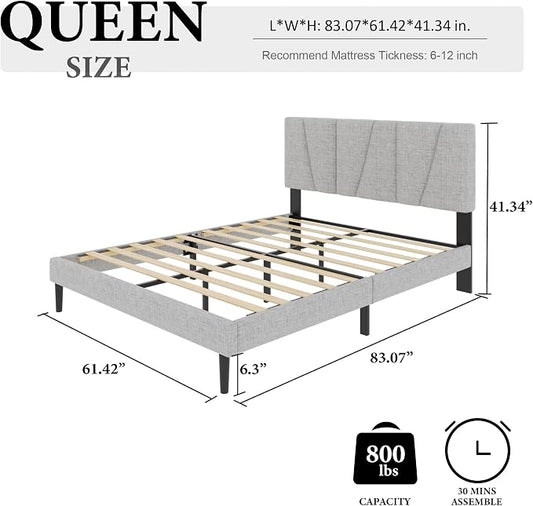 HAOARA Queen Size Bed Frame with Fabric Upholstered Headboard, Platform Bed with Wooden Slats Support, Fully Mattress Foundation, Box Spring Optional, Easy Assembly, Light Grey